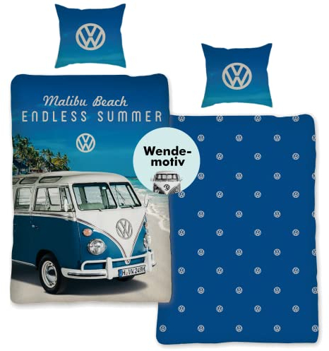 SkyBrands VW Bulli Bettwäsche 135x200 80x80 Kissen-Bezug 100 Prozent Baumwolle Wendemotiv Volkswagen Bettbezug Öko Tex Standard 100 Deutscher Händler