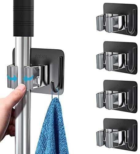 homeasy Mop Broom Holder, 4 Pcs Stainless Steel Self Adhesive Mop Holder Wall Mounted with Hooks Hanger Self-Adhesive Broom Holder for Bathroom, Kitchen, Office, Closet, Garden Garage(Black Mix)