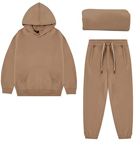 amropi Jungen Hoodie Trainingsanzug Pelz gefüttert Kapuzenpullover Sweatshirt und Jogging Hose Kleidungsset Khaki, 11-12 Jahre