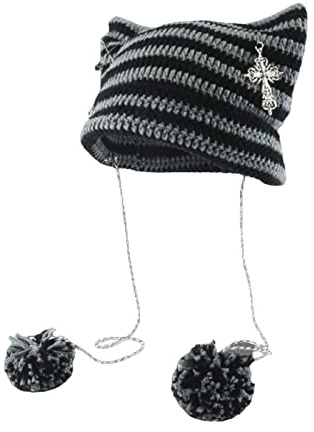 Y2K Mütze mit Katzenohren, gestreift, gehäkelt, Vintage, Grunge-Zubehör, Slouchy Beanies für Damen