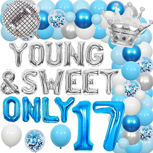 Sursurprise 17. Geburtstag Dekorationen für Mädchen, junge und süße nur 17 Ballon Girlande Bogen Kit Blau Silber, Dancing Queen 17 Party Supplies
