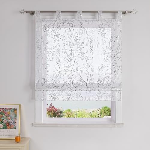 SCHOAL Raffrollo mit Schlaufen Gardine Transparent Vorhang mit Zweig Muster Raffgardinen Modern Schlaufenrollo 1 Stück BxH 80x140cm Silber