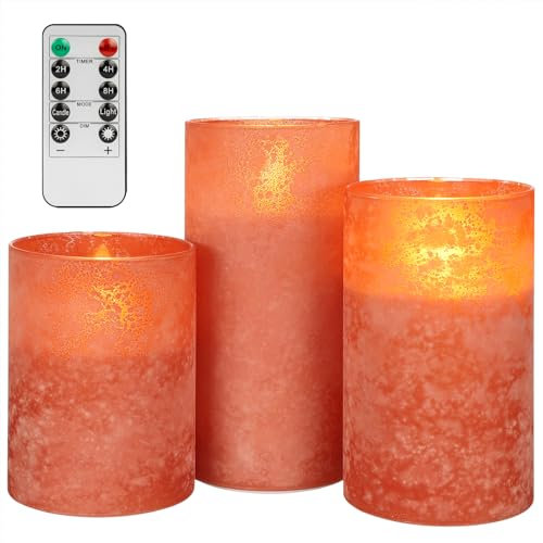 ANGELLOONG Orange Flameless Candles with Remote, Real Wax Battery Operated LED Pillar Candles for Wedding, Flickering Fake Fall Candles, Orange Home Decor for Bathroom, Kitchen, Party