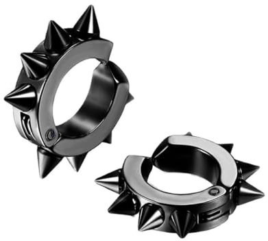 Punk Rivets Clip on Hoop Earrings Set Stainless Steel Spikes Awl Non Piercing Taper Huggie Helix Cartilage Earrings