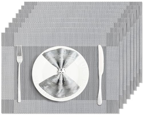 Uolr Set di 8 tovagliette all'americana lavabili e lavabili, color argento, per tavolo da pranzo, cucina, interni ed esterni, resistenti al calore, antiscivolo, in vinile (grigio, 8 pezzi)