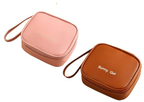Pack of 2 Tampons Storage, Sanitary Napkins Storage Bag with Zip, Versatile Solid Color Period Sanitary Pads Bag, Panty Liners Box, Purse for Women, Teenagers (Brown&Pink)