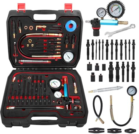46PCS Compression and Leakage Test Kit Petrol & Diesel Compression Tester Kit Automotive Cylinder Leak Down Tester with Dual Gauge Engine Compression Tester Kit for HDI, TDCi, Pumpe Duse Engine