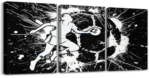 Homewish Handball Sport Thema Leinwand Bild Mädchen Athleten Silhouetten Bilder für Wohnzimmer Kinder Ballspiele Wandbild Ink Splash Graffiti Schwarz Weiß Sportliebhaber Wandgemälde 40x30cmx3Pcs