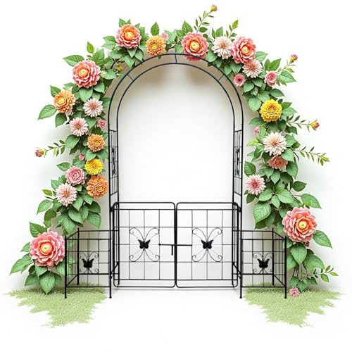 kozamas Gartenbogen Mit Tor Rankhilfe Metall Schwarz 218 cm, Pflanzenständer Outdoor Wetterfest Für Rosen Reben, Blumenbogen Hochzeitsbogen Mit Tür Für Terrasse, Rankgitter Für Den Garten