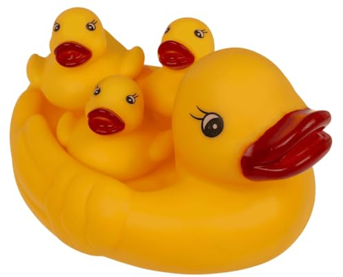 Palleon Canards en Caoutchouc - Lot de 4, 1 Grande & 3 Petits | Famille de canards jaunes – décoration fête, jouet de bain, cadeau enfant – dimensions ~15,5 x 12 cm