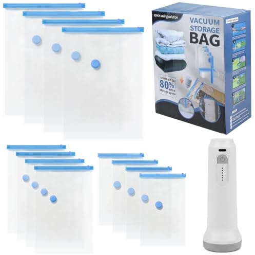 Vacuum Bags for Travel with Electric Pump - 12Pack(4 L & 4 M & 4 S) Vacuum Storage Bags for Reusable Space Saver Bags, Compression Packing Seal Bags for Travel Luggage Home Moving House