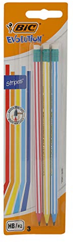 BIC Bleistift Evolution (Stripes 646 HB mit Radierer, Blister à) 3 Stück, farbig sortiert