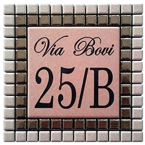 GUIZZO Creart - Numero Civico Esterno Personalizzato Ceramica, Targhetta Personalizzata Via/Nomi Cornice Mosaico, Targhetta Porta Ingresso Esterno Made in Italy 14x14Hcm Rosa Chiaro/Argento/Rosa Scuro