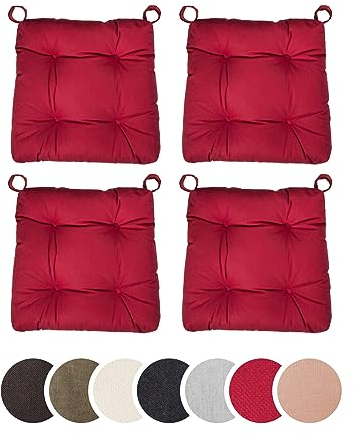 sleepling 4er Set Stuhlkissen, Sitzkissen Eva für Indoor und Outdoor, mit Klettverschluss, 100% Baumwolle, Made in EU, Maße: 40 (vorne), 35 (hinten) x 38 x 7 cm, rot