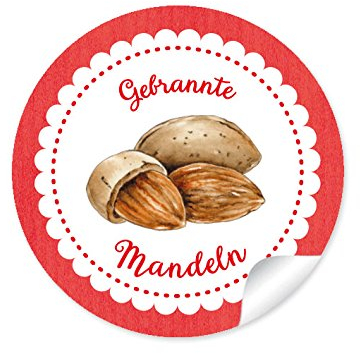 24 STICKER: Gebrannte Mandeln 24 Edle Etiketten im Retro-Vintage-Style in Rot/Weiß mit liebevoll illustrierten Mandeln (A4 Bogen) • Papieraufkleber (Aufkleber im Format 4 cm, rund, matt)