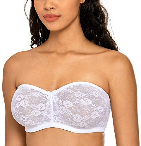 DOBREVA Women's Strapless Bras See Through Sheer Lace Non Padded Underwired Multiway Bra White 34D