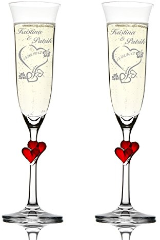 Stölzle Lausitz Amour Ensemble de 2 coupes à champagne avec gravure personnalisée motif – Date dans le cœur avec fleurs d'hibiscus