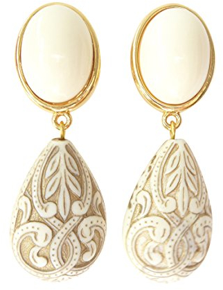 Sehr leichte große Ohrstecker Ohrringe vergoldet Stein beige Anhänger Tropfen Ornamente Braut Hochzeit Fashion Fest Tracht Geschenk Designer JUSTWIN