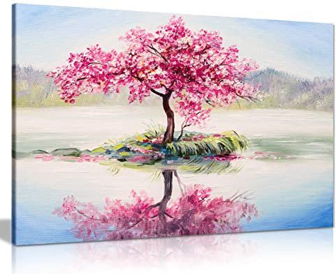 Peinture sur toile avec cerisier oriental japonais sur un lac (45,7 x 30,5 cm)