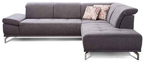Cavadore Ecksofa Carly mit Federkern, L-Form Sofa mit Kopfteilfunktion und Sitztiefenfunktion im Design, 273 x 81 x 234, Webstoff grau