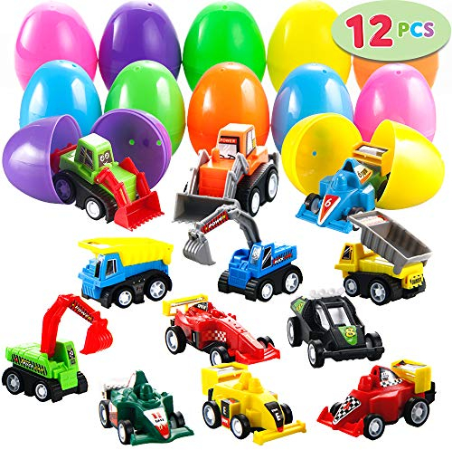 JOYIN 12 Stück gefüllte Ostereier mit Spielzeugautos, buntes, vorgefülltes, rückziehbares Baufahrzeug und Rennauto für die Jagd von Kindern und Jungen, Korbfüller, Partygeschenke