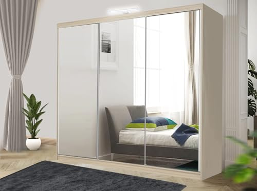 Armoire moderne à double porte coulissante avec 2 lumières LED Largeur 100 cm/120 cm/150 cm/180 cm/203 cm/250 cm (250 cm, chêne/sonoma)