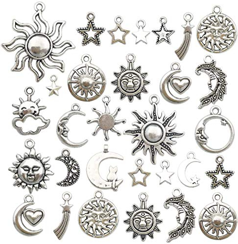Chandler 80 Stück/Set Bastelbedarf, gemischte kleine antike, silberne Sonne, Mond, Sterne, Anhänger zum Basteln, Schmuckherstellung für DIY Halskette und Armband