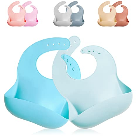 GODR7OY Silikon Baby Lätzchen, BPA Free Wasserdichte Lätzchen, Abwaschbar & Leicht zu Reinigenverstellbar 2PCS 【Blau, Grau, Pink, Natur】 (Blau)