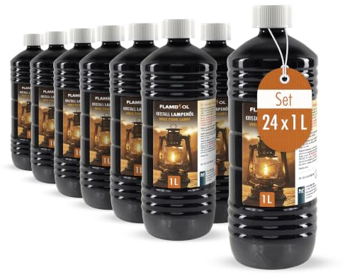 Höfer Chemie 24 x 1 L FLAMBIOL® Lampenöl hochrein geeignet für Öl-Lampen | Petroleum Lampen, Gartenfackeln & Sturmlaternen - Geruchlos, Rußfrei & mit Kindersicherheitsverschluß