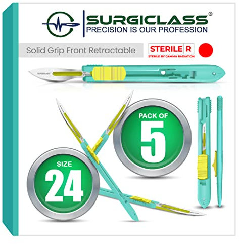 Surgical Scalpel Surgical Blades # 24 Surgical Steel Sterile ● Pack of 5 ● Retractable ● Perfect for wood art, Surgical, Sculpting, Repairs, Lab Anatomy, Sign, Card Making Lab Training SURGIFRONT24-5
