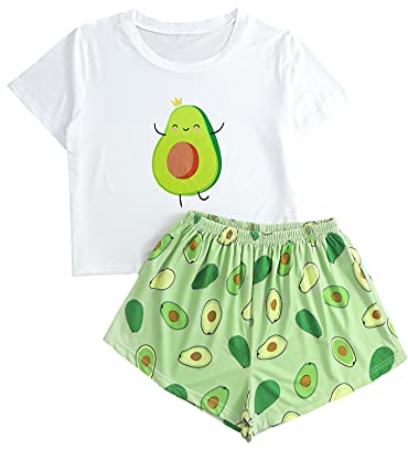 DIDK Damen Pyjama Sets Vielfarbig Lässig Kurzarm Shirt Hosensets Schlafanzüge Home-Sets mit Avocado Muster Avocado Weiß Grün S