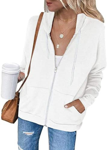 Necooer Felpa con cappuccio da donna, tinta unita, con cappuccio e cerniera tascabile, con cappuccio, A-bianco, S