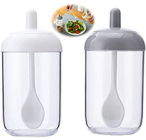 MDDZ 2 Stück Gewürzglas, Gewürzbehälter, Rundes Gewürz Glas, Transparent Luftdicht Kunststoff Spice Dosen mit Deckel und Löffel für Zucker, Salz, Pfeffer, Chili, Gewürze, Würze, Grau, Weiß