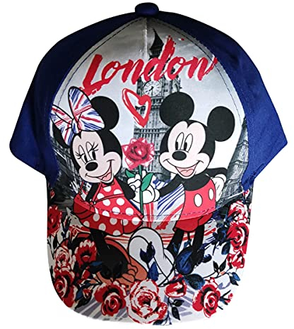 Minnie und Mickey Maus in London Kappe Mütze Base Cap mit Big Ben, Herzen, Rosen für Kinder, Jungen und Mädchen (Blau, 54)