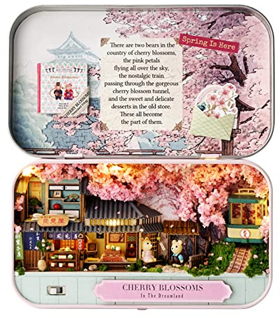 CUTEROOM Box Theatre Miniature Kit, DIY Miniature House Kit-Cherry Blossoms | Miniature Dollhouse 3D Wooden Puzzle BookNook Bookend, Tiny House 1:100 Scale, Creative Bookshelf Decoration Craft Gift
