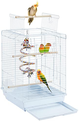 Yaheetech Vogelkäfig mit Vogelspielzeuge Wellensittichkäfig Nymphensittiche Fink Papageienkäfig mit Dach 40 x 40 x 58 cm Weiß