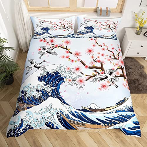 Loussiesd Kirschblüten Bettwäsche Set Japanische Bettbezug für Kinder Mädchen Frauen Ozean Wave Dekor Bettwäsche 135x200cm Rosa Japanische Ukiyoe Thema Bettbezug mit 1 Kissenbezügen