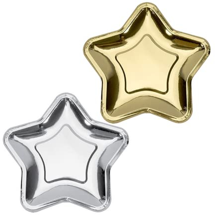 JOSON Lot de 20 assiettes en carton en forme d'étoile de 17,8 cm pour fête, fruits, dessert, Noël, mariage, anniversaire, pique-nique (doré et argent)