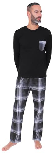 ThePyjamaFactory Mens Black Long Pyjama Set Checked Bottoms