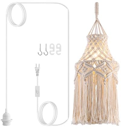 Boho Plug in Pendant Light Macrame Lamp Shade with Light Bulb Hanging Lamp with Plug in Cord,On/Off Switch,Bohemian Hanging Light Fixtures That Plug Into Wall Outlet for Bedroom Decor Living Room