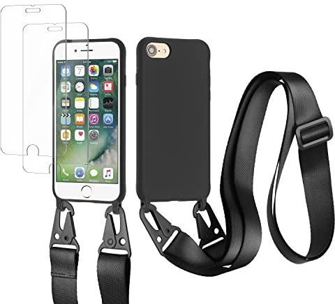 vrupin Compatible with iPhone 6/6S/7/8 Plus, Mobile Phone Chain Case, [Pack of 2 Screen Protectors, 9H Hardness Tempered Film, Necklace Case, Nylon Shoulder Strap, Soft, Liquid Silicone, Black