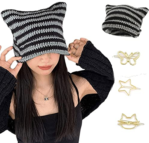 Y2K Mütze mit Katzenohren, gestreift, gehäkelt, Vintage, Grunge-Zubehör, Slouchy Beanies für Damen, Schwarz #2, Einheitsgröße