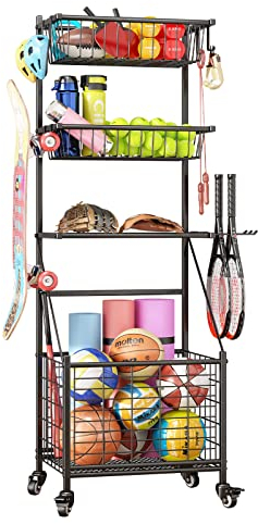 INGIORDAR Garage Storage Organization Sports Equipment Organizer Ball Rack Outdoor Rolling Cart with Baskets Hooks and Wheels,Black