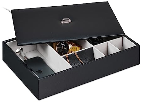 Relaxdays Schmuckaufbewahrung, Schmuckkästchen mit vielen Fächern & Deckel, HxBxT: 7 x 32 x 22 cm, Lederoptik, schwarz