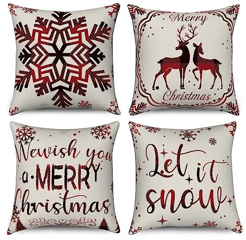 Hnmdmyi Kissenbezug Weihnachten 50x50 4er Set, Fröhliche Weihnachten Hirsch Schneeflocke Weihnachtsbaum Winter Urlaub Dekorative Kissenbezüge Leinen Kissenhülle für Sofa Couch Bett Outdoor Home Decor