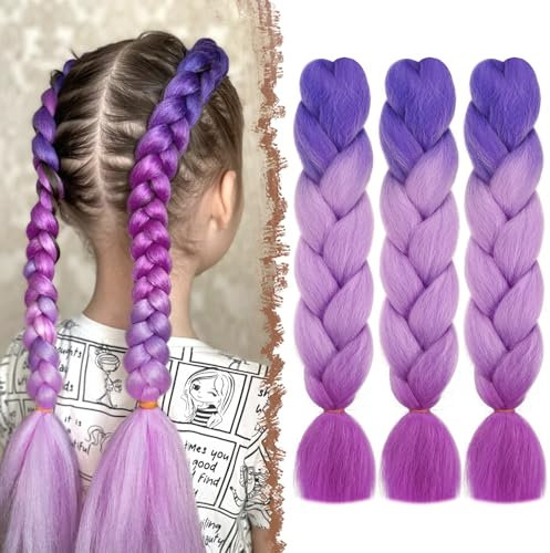 FESHFEN Jumbo Braids Tresse 3 PCS Extension de Cheveux Synthétique Kanekalon Coloré Braiding Meches Africaine Pour Crochet Twist Tressage, 60 cm Bleu/Violet/Rose