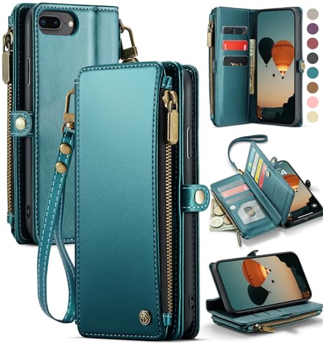 Defencase Compatible with iPhone 8 Plus/ 7 Plus Case Wallet with RFID Blocking Card Holder for Women Men PU Leather Magnetic Snap Flip Zipper Strap Wallet Phone Cases Cover, Blue Green