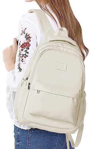 Black Backpack Women Men, Waterproof 14 Inch Laptop Bookback, Casual Travel Daypack Rucksack School Bags for Girls Teenage, Back to School Supplies (White)