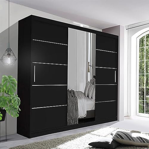 German Sliding Wardrobe Contemporary Bedroom Sliding Wardrobe with LED Light - Spacious and Stylish Design comes in White/Grey/Black/Oak and Width 120cm/150cm/180cm/203cm/250cm (Black, 250cm)