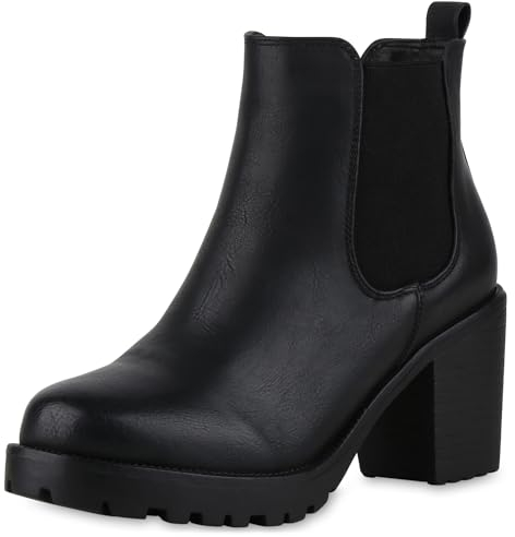 VAN HILL Damen Stiefeletten Chelsea Boots Profilsohle Blockabsatz Schuhe 611521 Schwarz 41